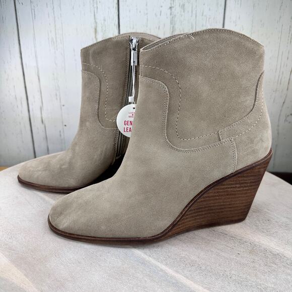 Lucky Brand Waider Womens Ankle Bootie Size 10 Leather Taupe Wedge Boots New - Picture 3 of 11